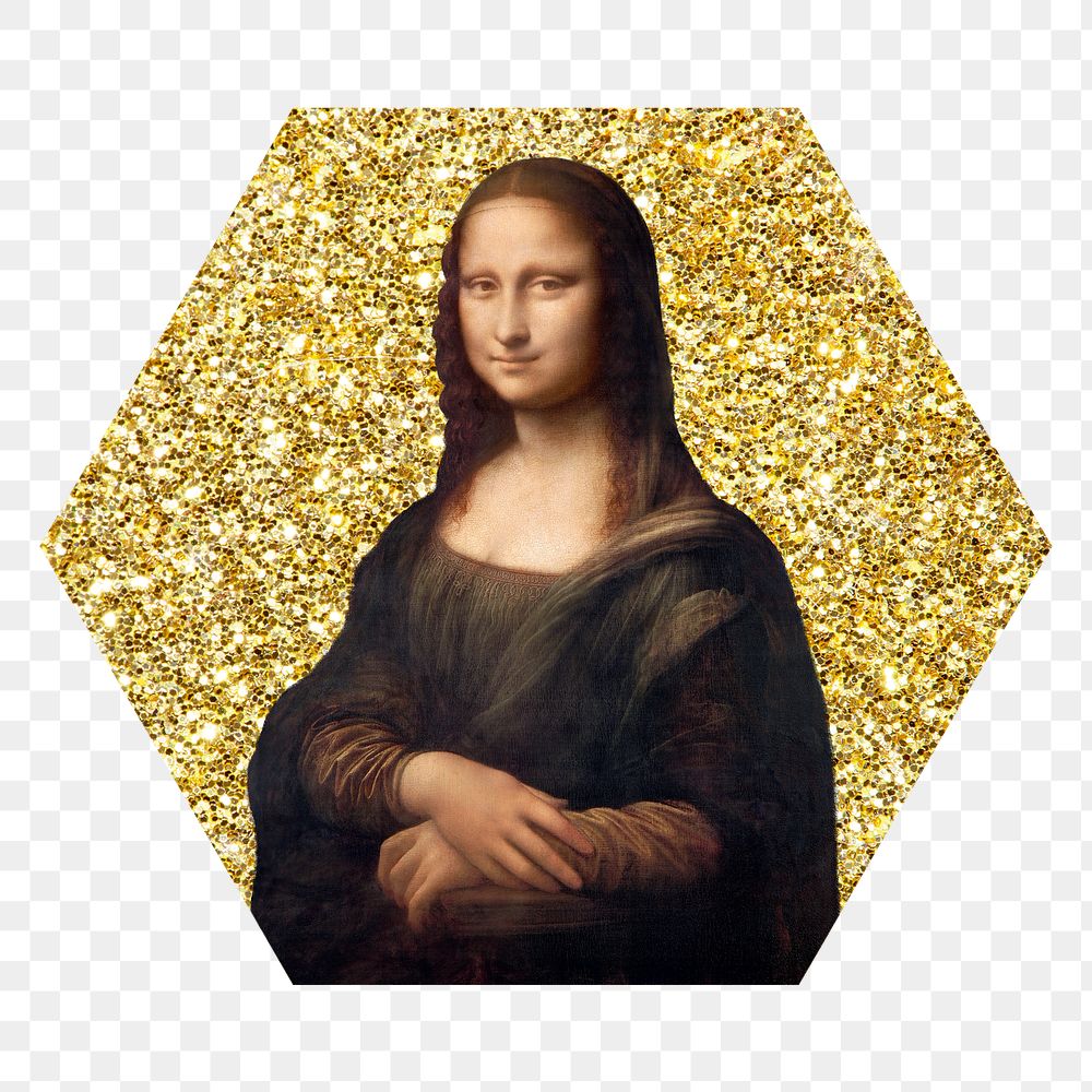 Mona Lisa png badge sticker, Vinci's famous painting, gold glitter hexagon shape, transparent background remixed by rawpixel