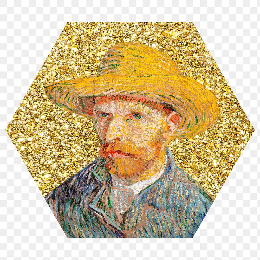 Png Van Gogh's Self-Portrait badge sticker, gold glitter hexagon shape, transparent background remixed by rawpixel