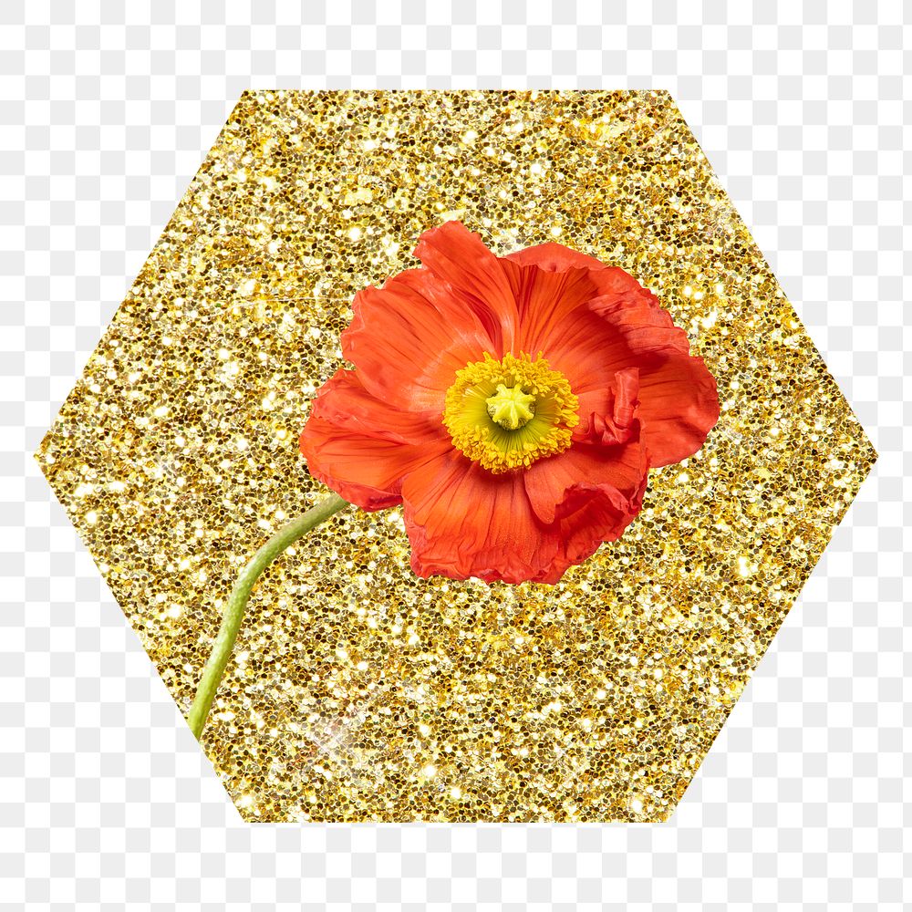 Poppy flower png badge sticker, gold glitter hexagon shape, transparent background