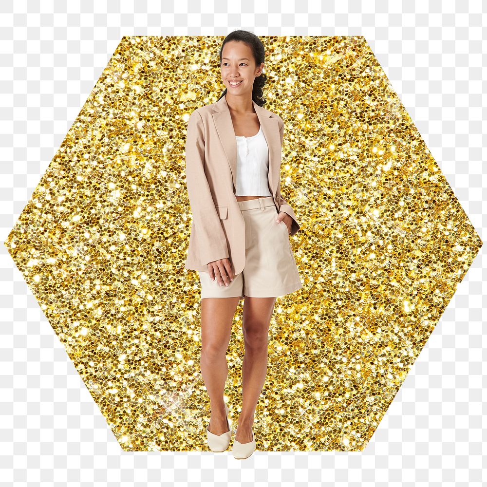 Asian businesswoman png badge sticker, gold glitter hexagon shape, transparent background