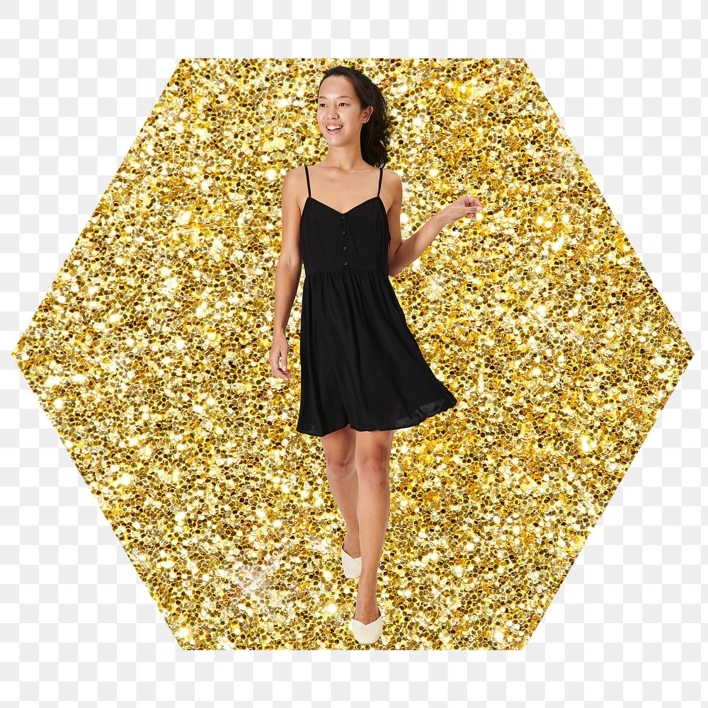 Png Asian woman in black dress badge sticker, gold glitter hexagon shape, transparent background