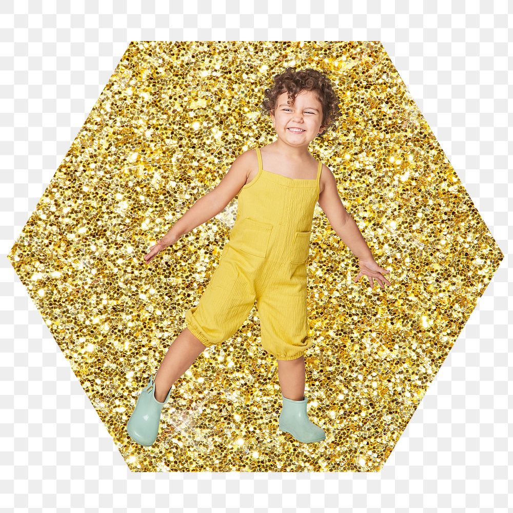 Little kid png badge sticker, gold glitter hexagon shape, transparent background