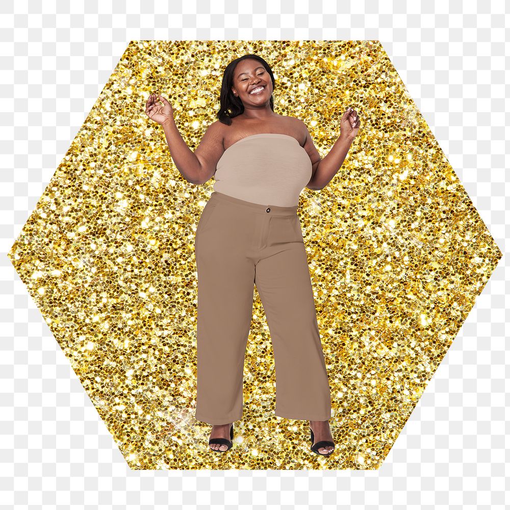 Png joyful African woman  badge sticker, gold glitter hexagon shape, transparent background