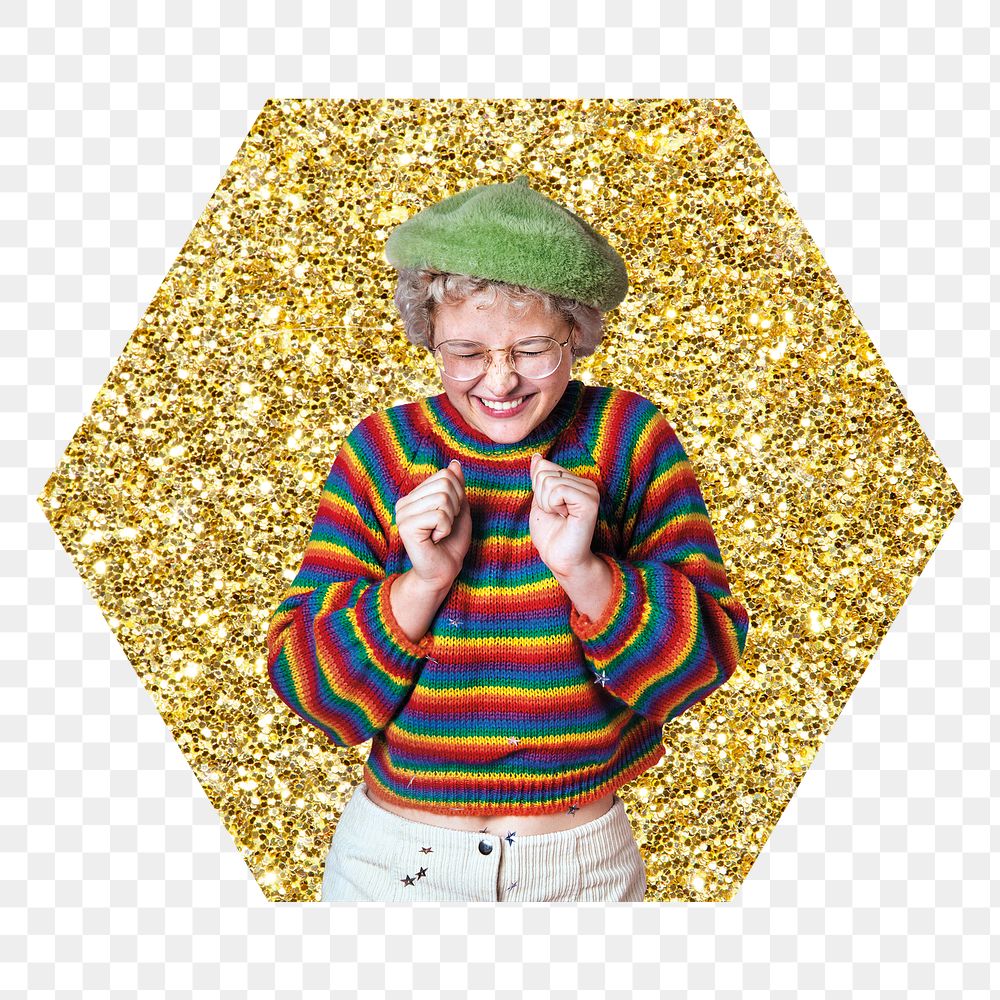 Cheerful woman png badge sticker, gold glitter hexagon shape, transparent background