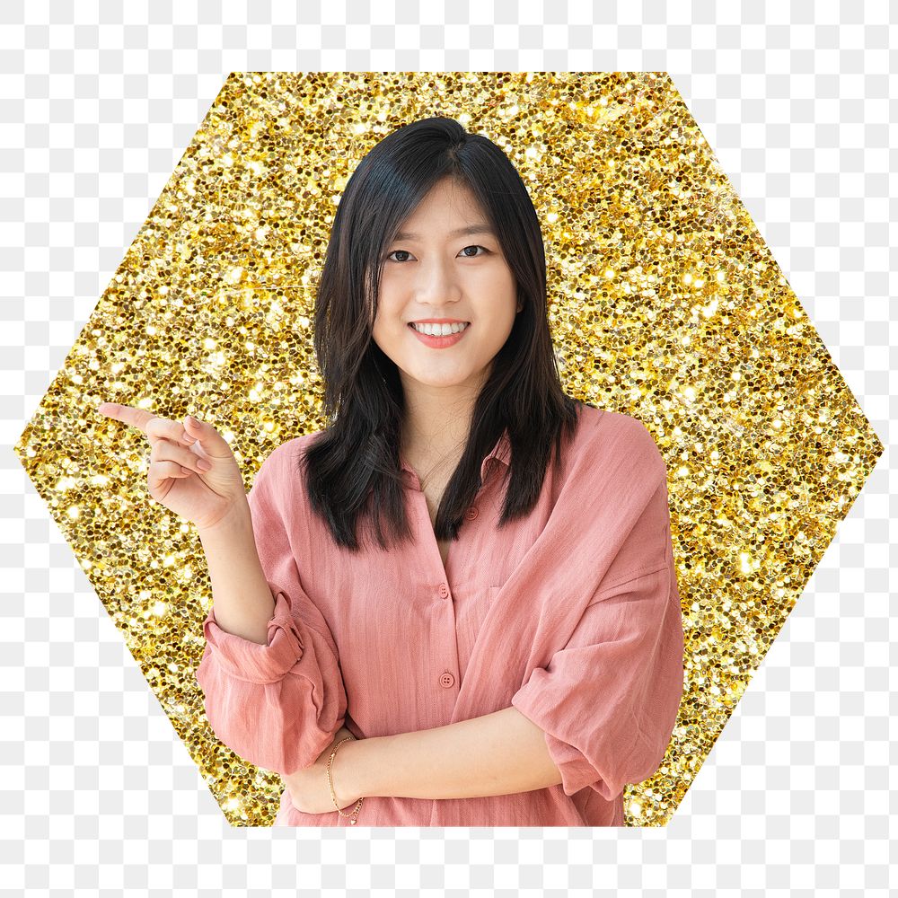 Asian woman png badge sticker, gold glitter hexagon shape, transparent background