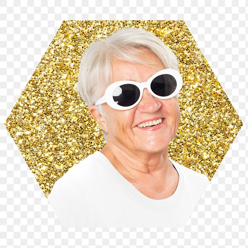 Png senior woman with sunglasses badge sticker, gold glitter hexagon shape, transparent background