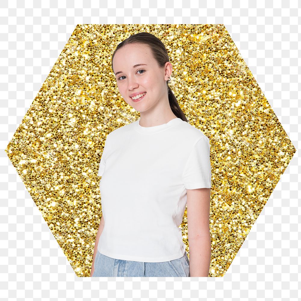 Teenage woman png badge sticker, gold glitter hexagon shape, transparent background