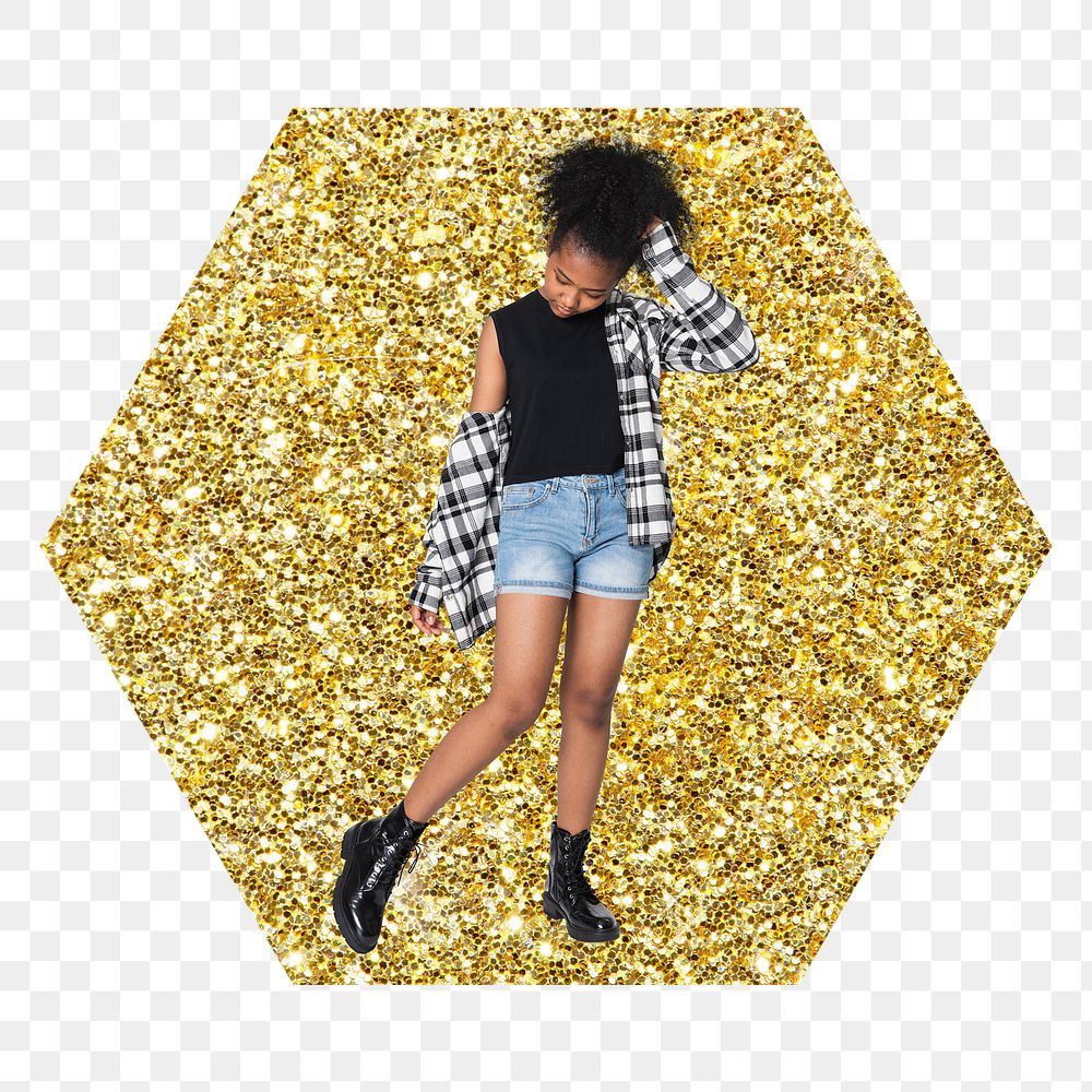 African teenager png badge sticker, gold glitter hexagon shape, transparent background