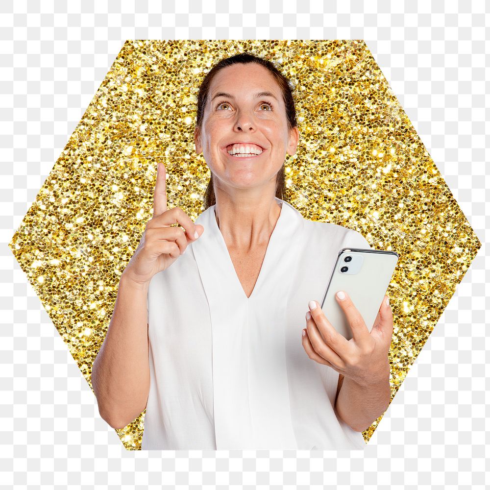 Png woman holding phone badge sticker, gold glitter hexagon shape, transparent background