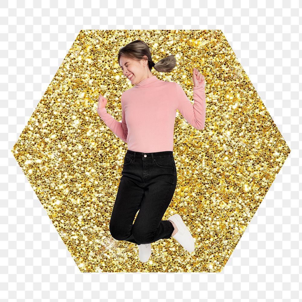 Jumping girl png badge sticker, gold glitter hexagon shape, transparent background