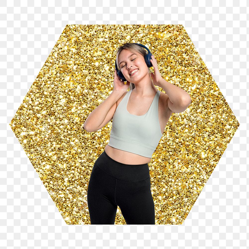 Png woman enjoying music badge sticker, gold glitter hexagon shape, transparent background