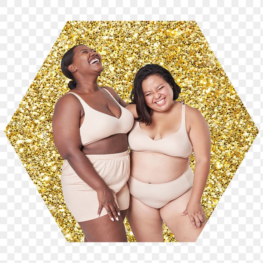 Png plus size models in lingerie apparel badge sticker, gold glitter hexagon shape, transparent background