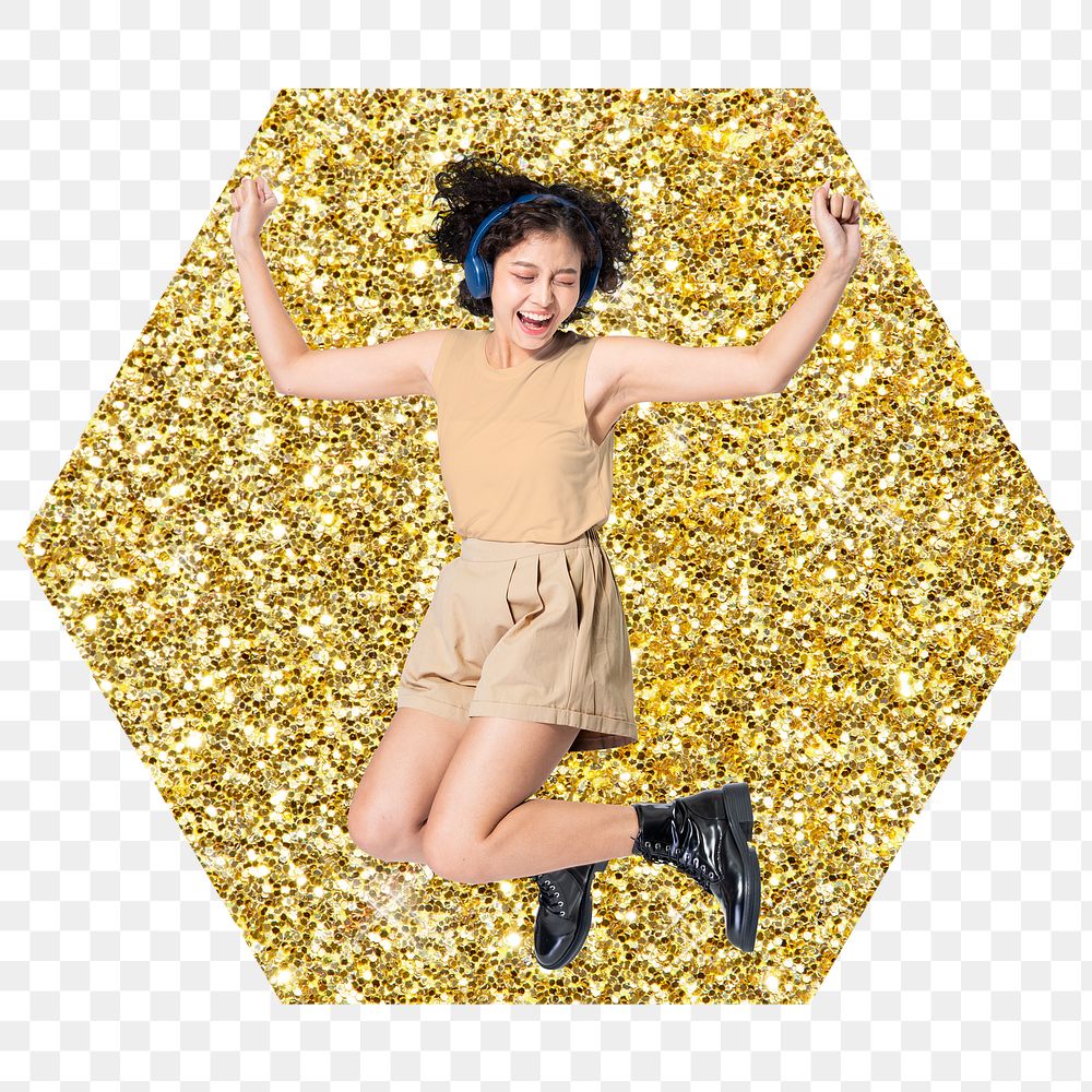 Happy woman png badge sticker, gold glitter hexagon shape, transparent background