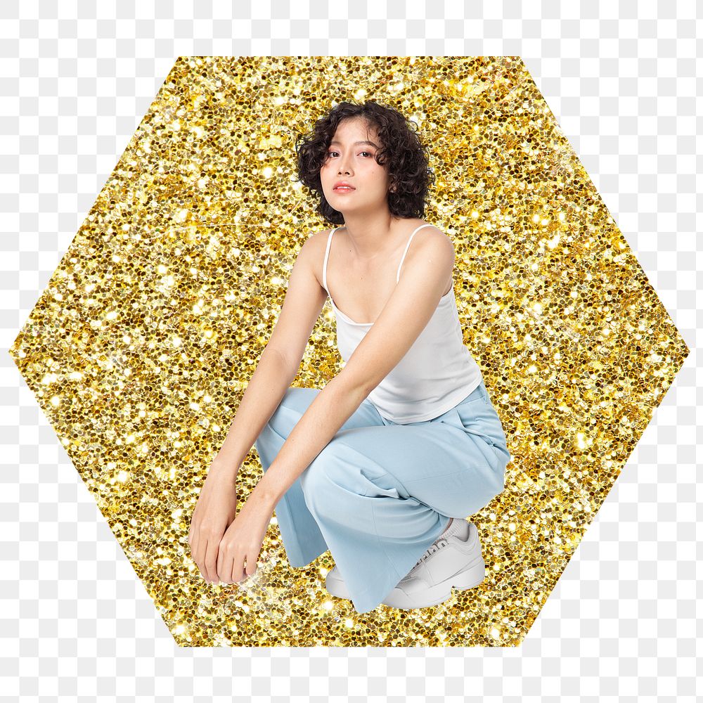 Woman sitting png badge sticker, gold glitter hexagon shape, transparent background