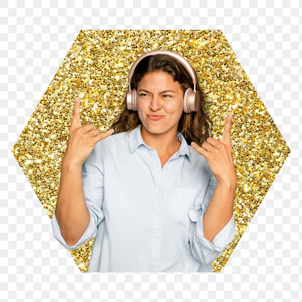 Png woman listening to music badge sticker, gold glitter hexagon shape, transparent background