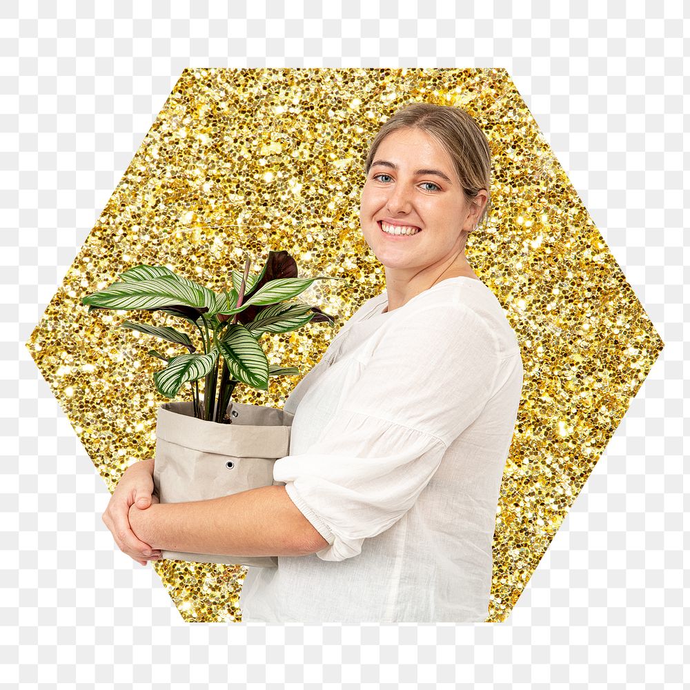 Png woman holding plant badge sticker, gold glitter hexagon shape, transparent background