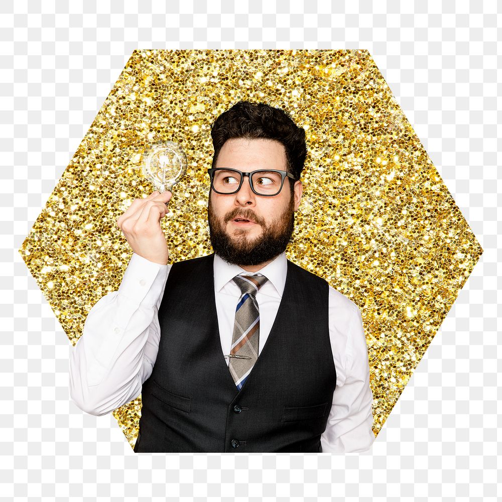 Bearded businessman png badge sticker, gold glitter hexagon shape, transparent background