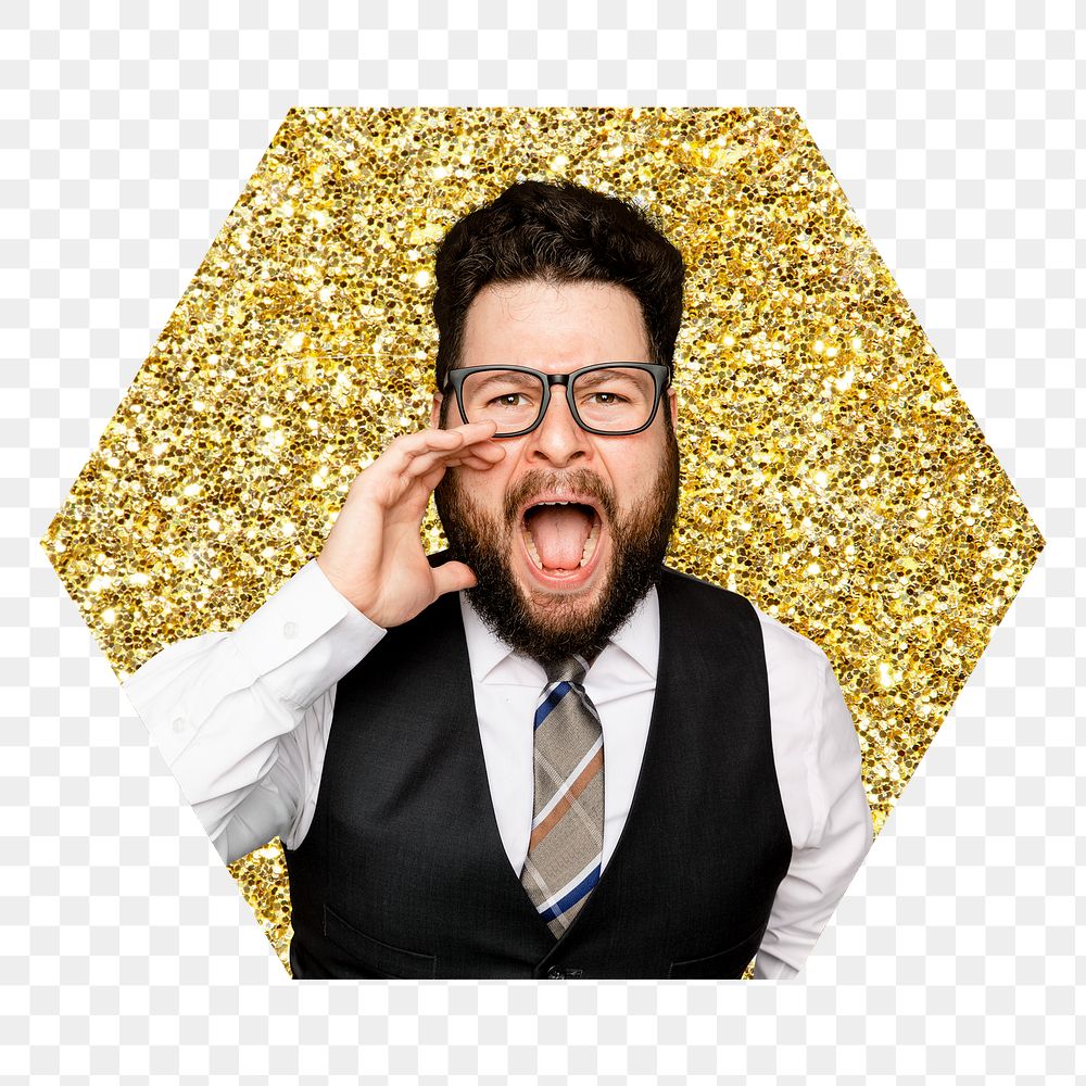 Businessman screaming png badge sticker, gold glitter hexagon shape, transparent background