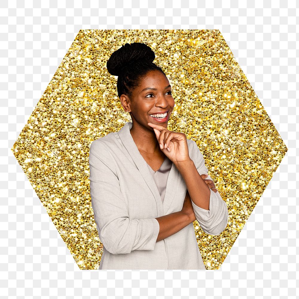 African businesswoman png badge sticker, gold glitter hexagon shape, transparent background