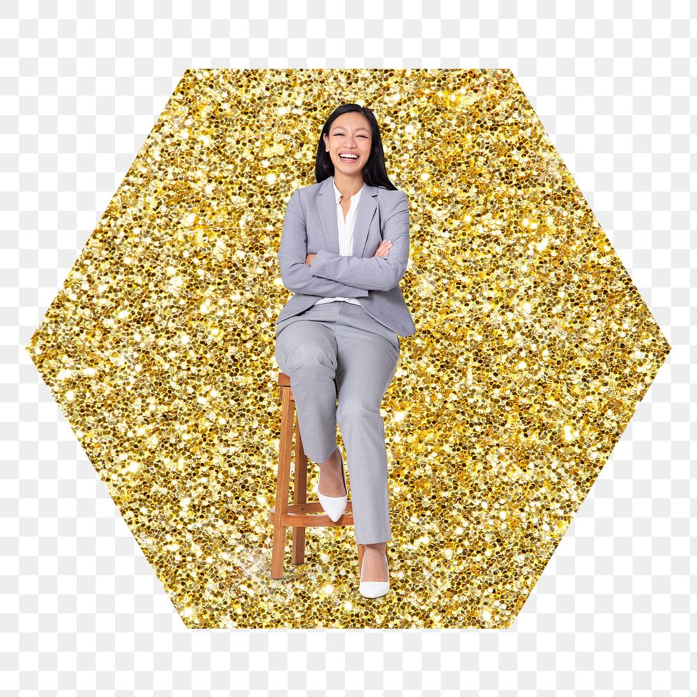 Businesswoman sitting png badge sticker, gold glitter hexagon shape, transparent background