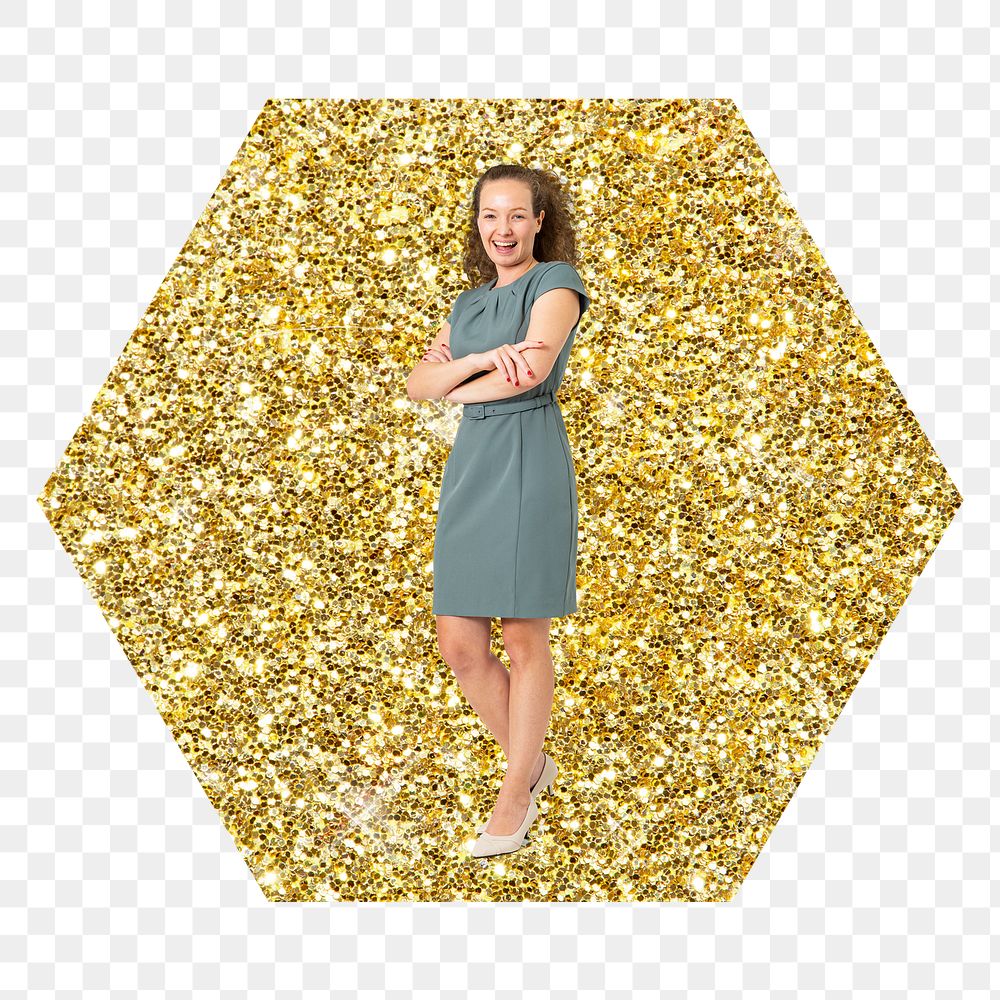 Businesswoman standing png badge sticker, gold glitter hexagon shape, transparent background