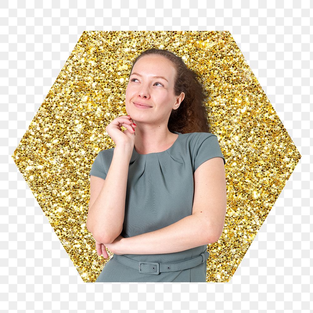 Businesswoman thinking png badge sticker, gold glitter hexagon shape, transparent background
