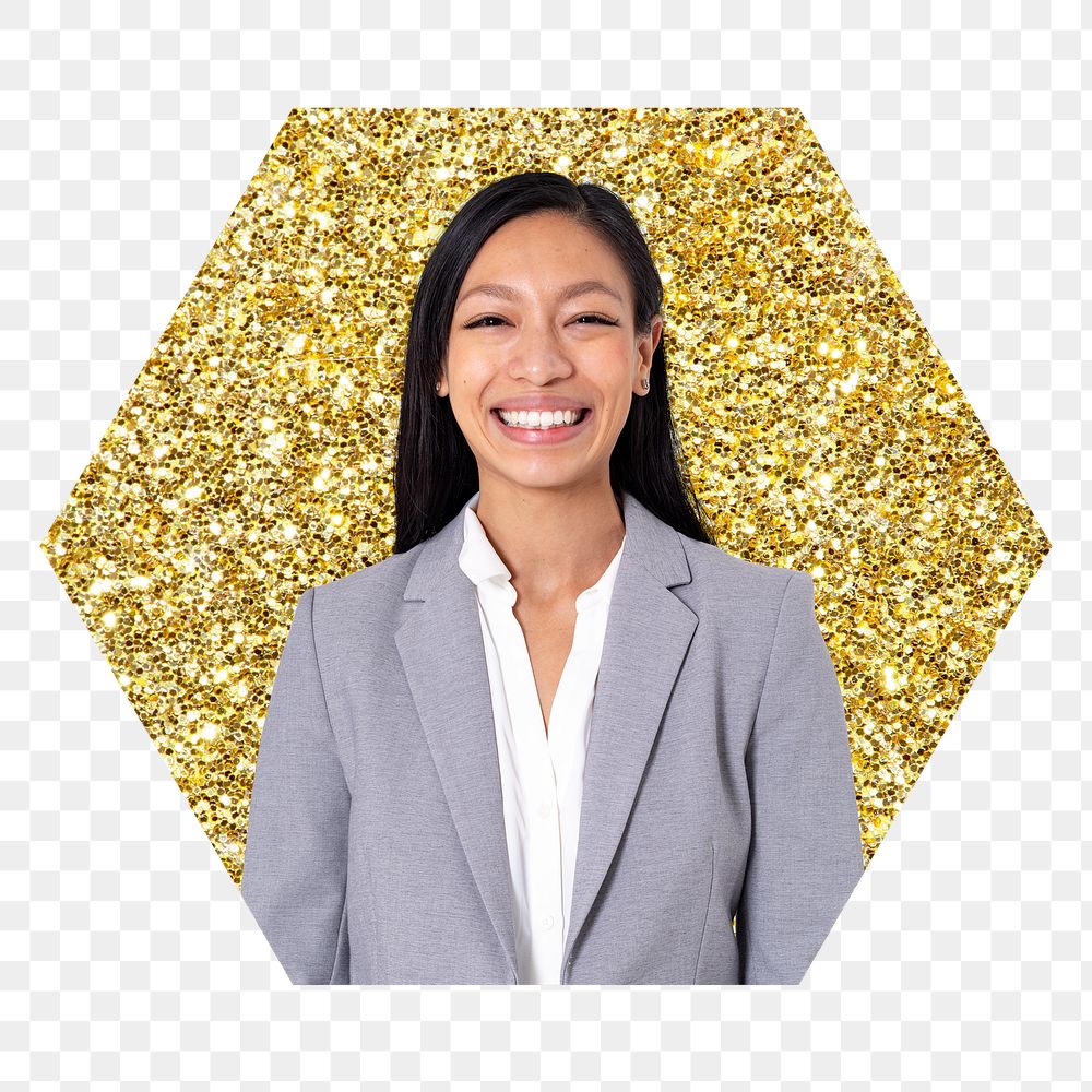 Smiling businesswoman png badge sticker, gold glitter hexagon shape, transparent background