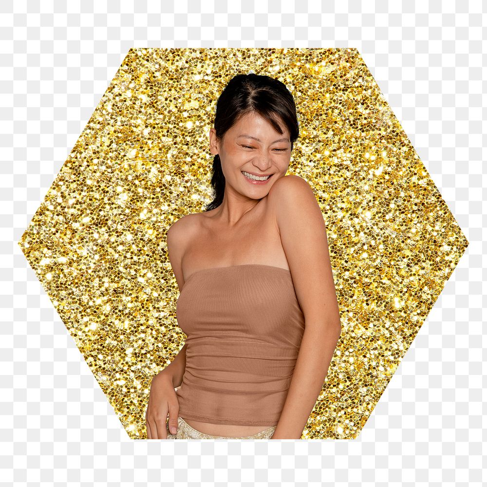 Joyful woman png badge sticker, gold glitter hexagon shape, transparent background