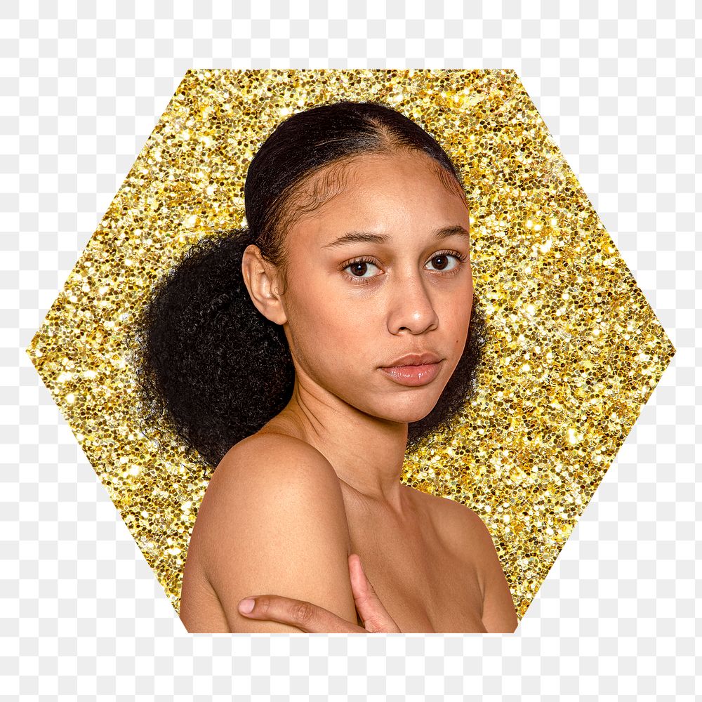 Young woman png badge sticker, gold glitter hexagon shape, transparent background