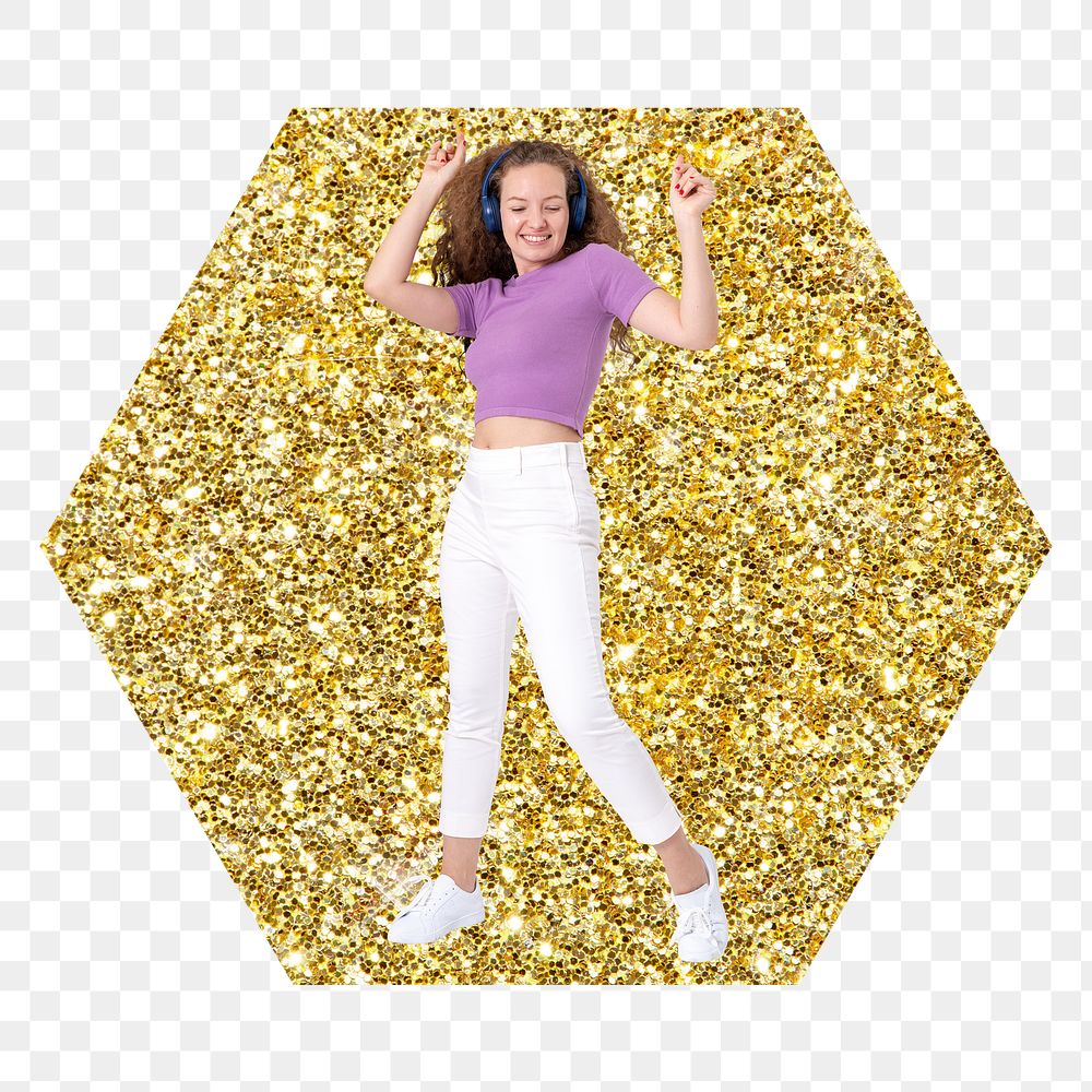 Woman dancing png badge sticker, gold glitter hexagon shape, transparent background