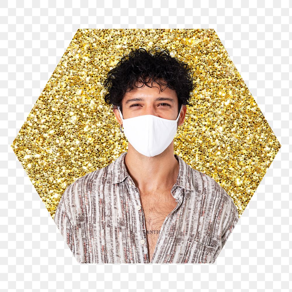 Png man wearing mask badge sticker, gold glitter hexagon shape, transparent background