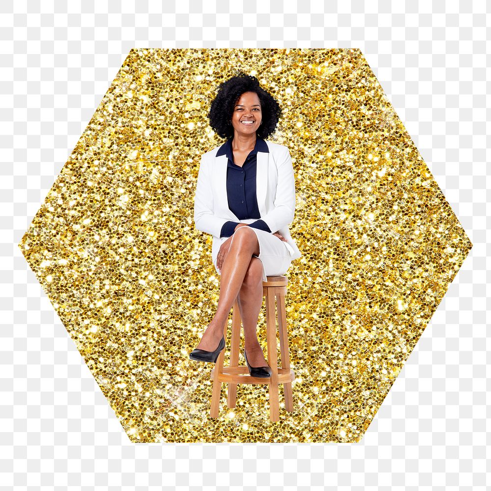 Confident businesswoman png badge sticker, gold glitter hexagon shape, transparent background