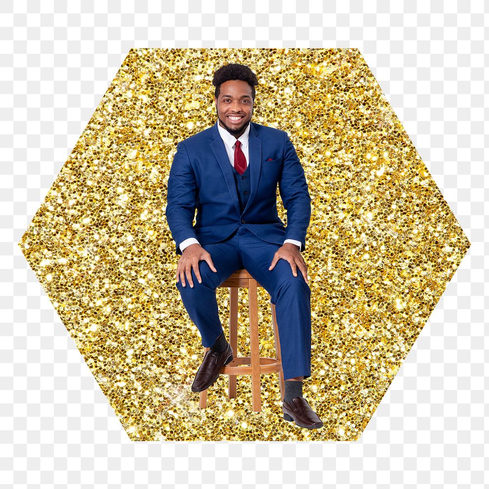 Confident businessman png badge sticker, gold glitter hexagon shape, transparent background