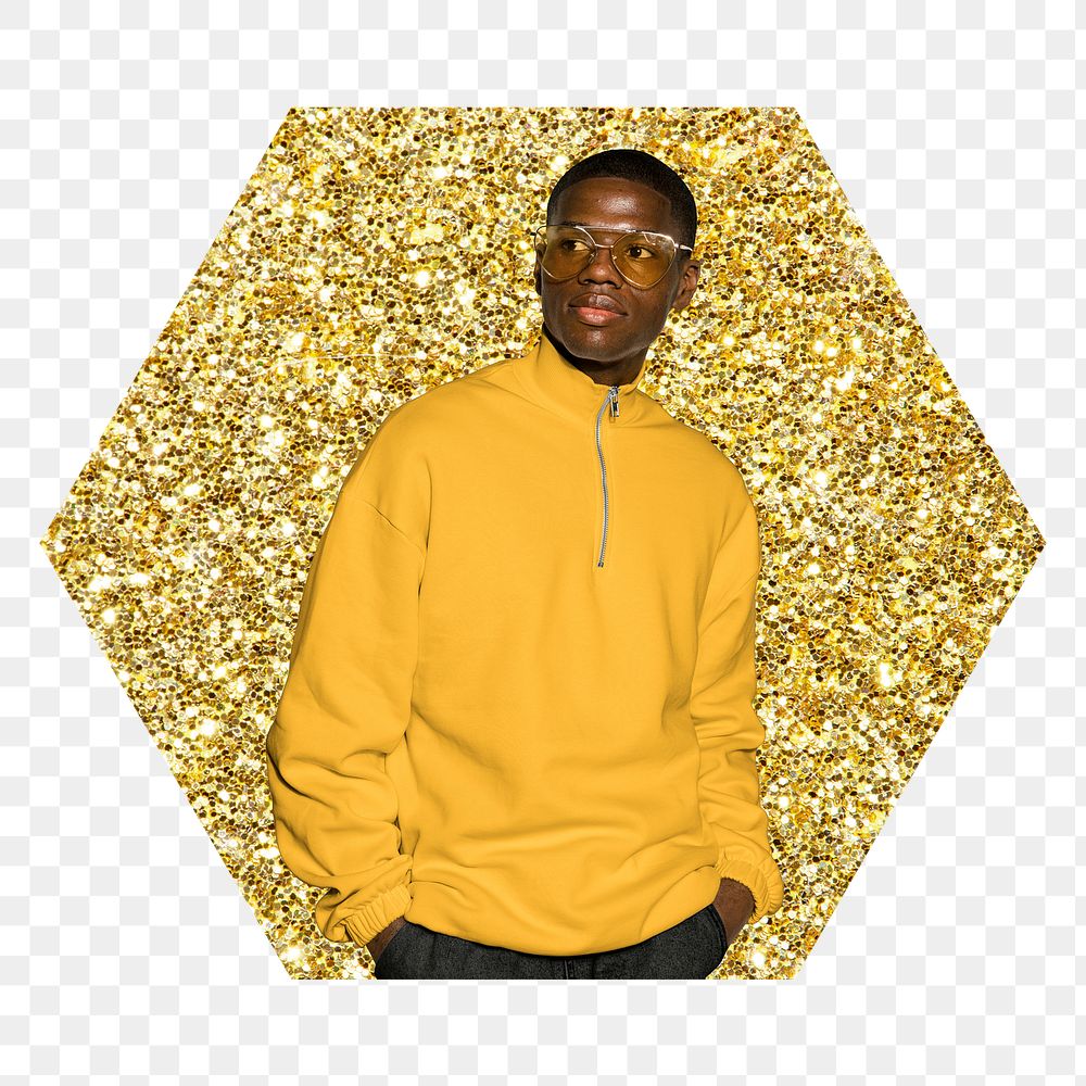 African man png fashion badge sticker, gold glitter hexagon shape, transparent background