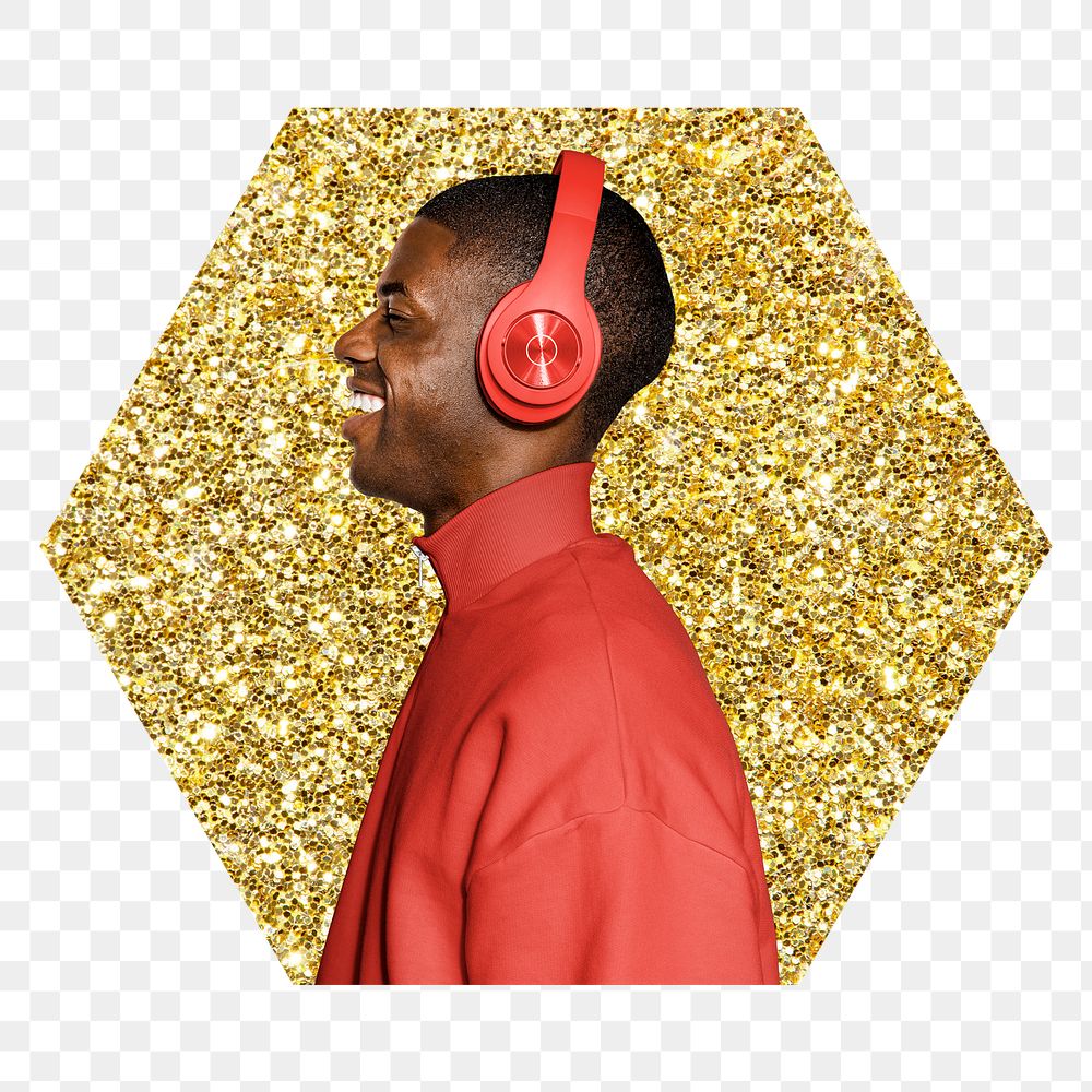 Png man with headphones badge sticker, gold glitter hexagon shape, transparent background