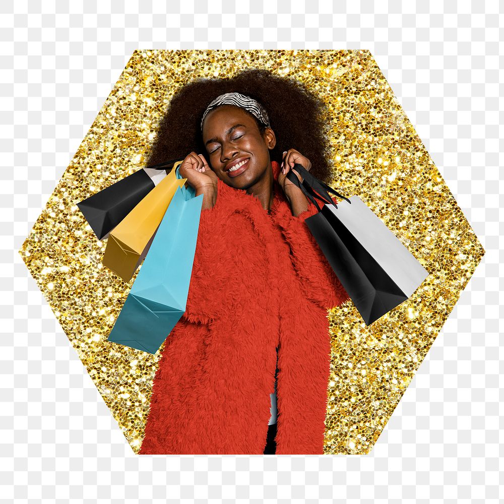Woman shopping png badge sticker, gold glitter hexagon shape, transparent background
