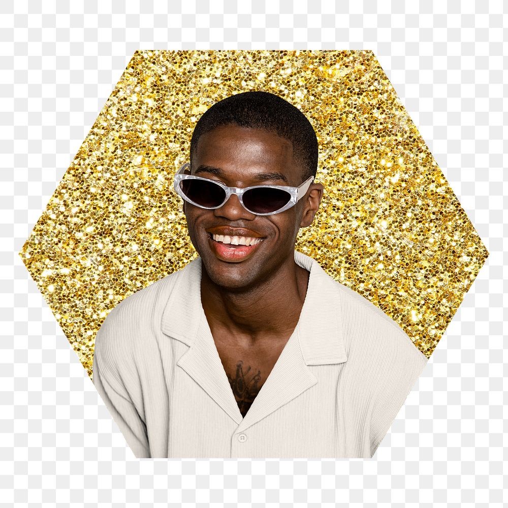 Png African man with shades badge sticker, gold glitter hexagon shape, transparent background