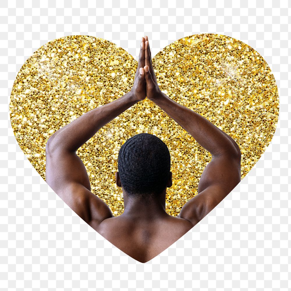 Muscular back png badge sticker, gold glitter heart shape, transparent background
