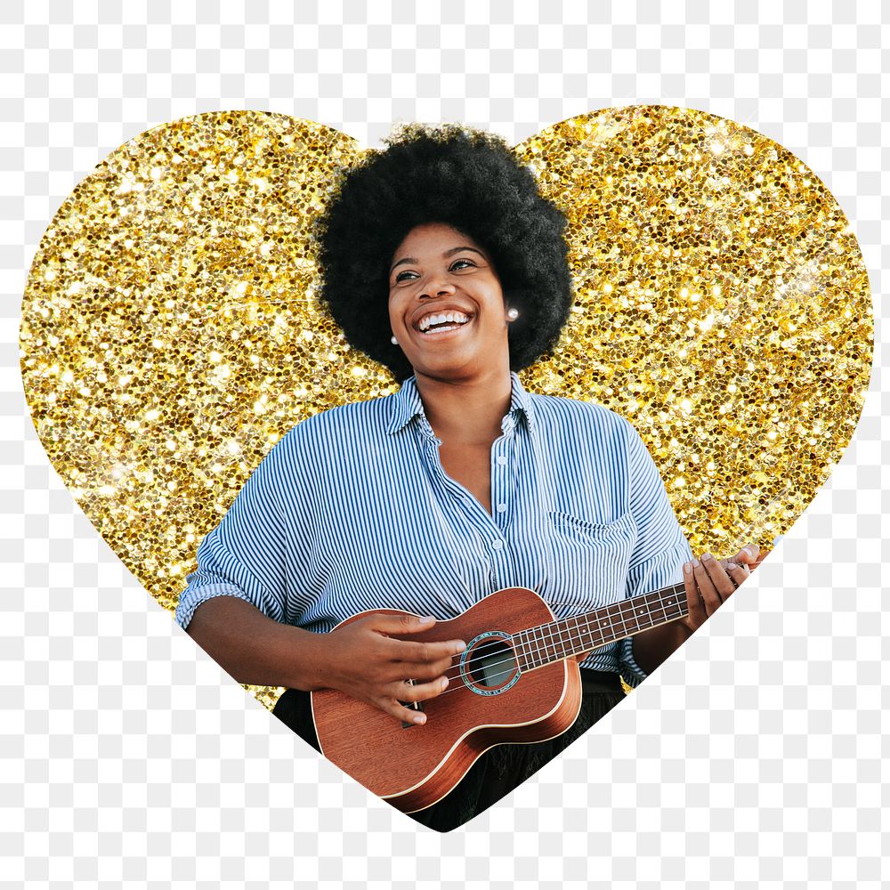 Png woman playing ukulele badge sticker, gold glitter heart shape, transparent background