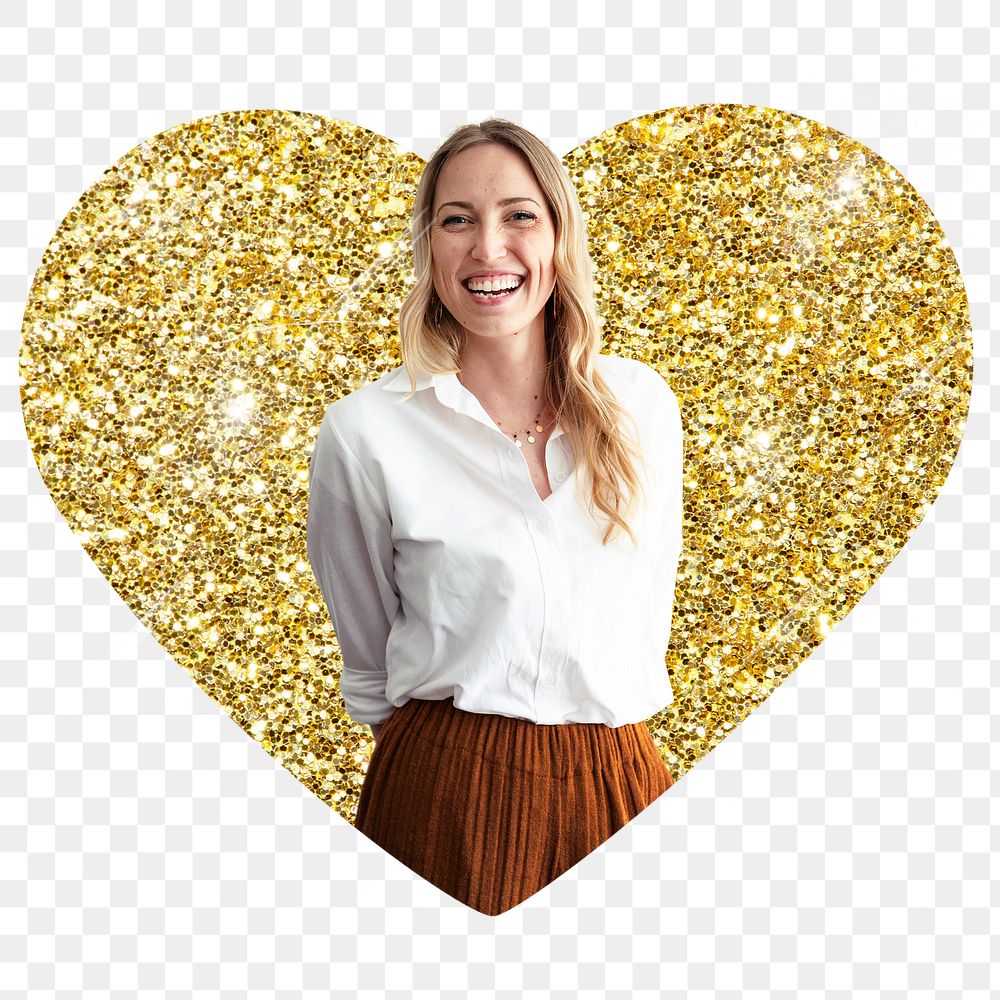 Businesswoman png badge sticker, gold glitter heart shape, transparent background