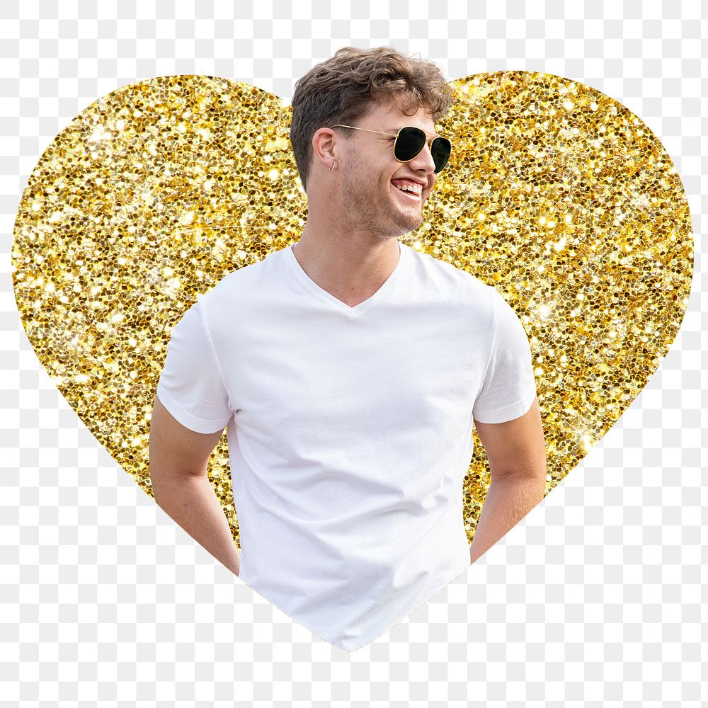 Happy man png badge sticker, gold glitter heart shape, transparent background