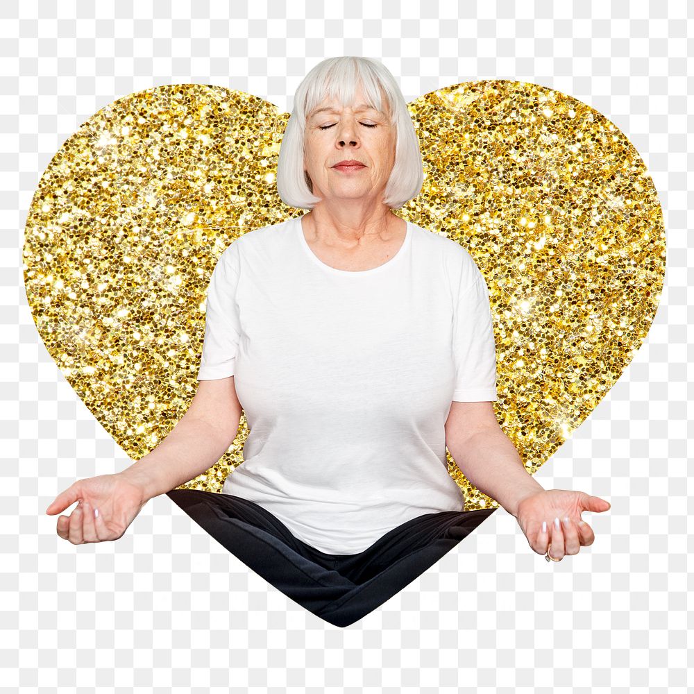 Png senior woman meditating badge sticker, gold glitter heart shape, transparent background