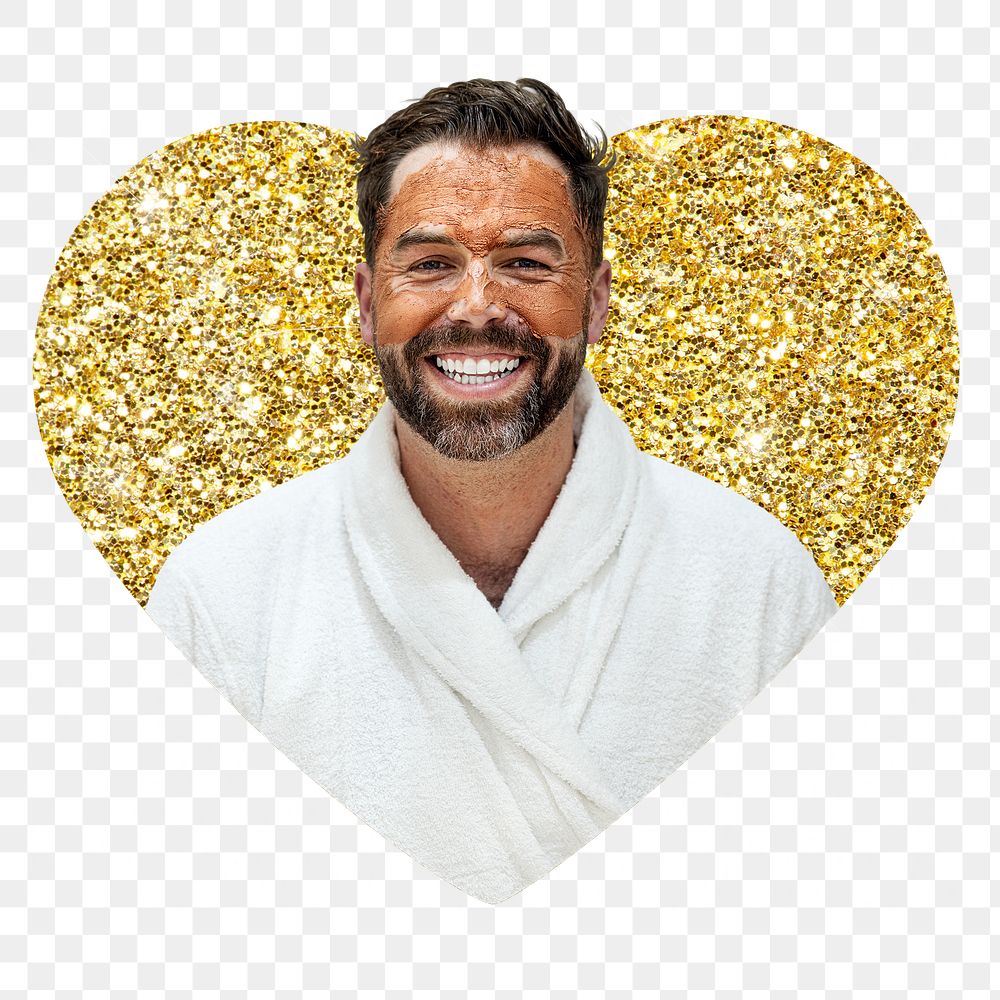 Man in spa png badge sticker, gold glitter heart shape, transparent background
