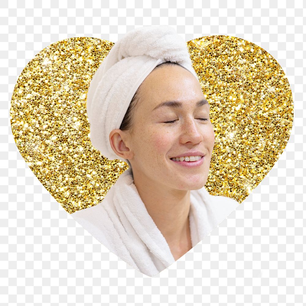 Woman in spa png badge sticker, gold glitter heart shape, transparent background