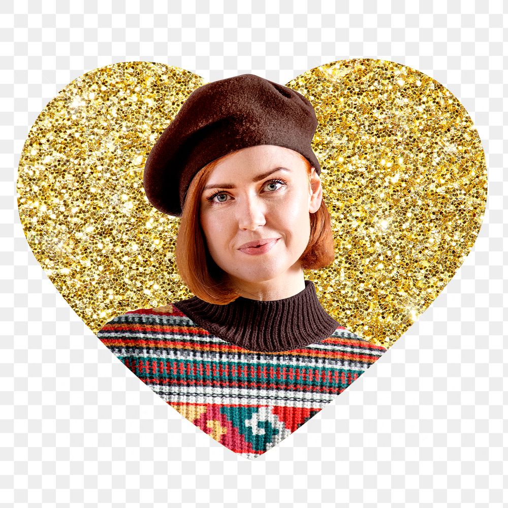 Png beret woman badge sticker, gold glitter heart shape, transparent background