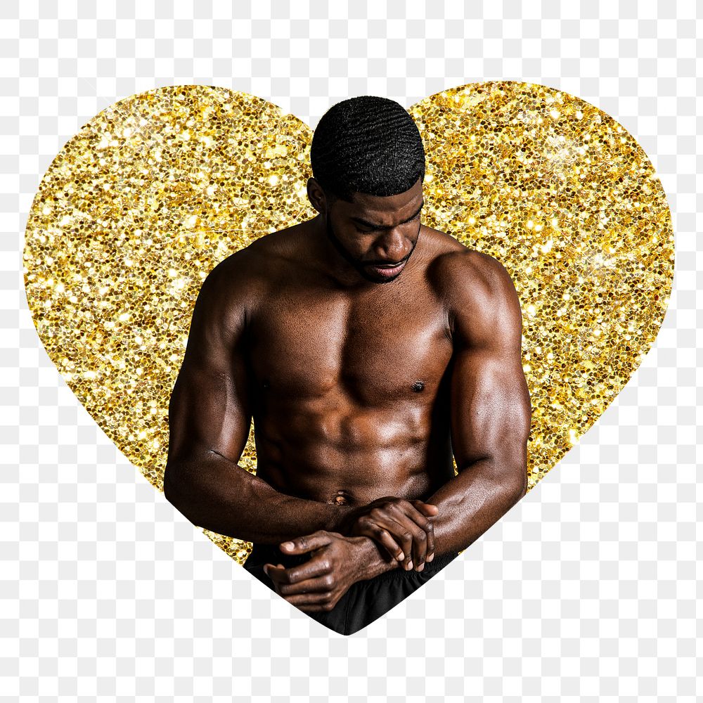Png muscular topless man  badge sticker, gold glitter heart shape, transparent background