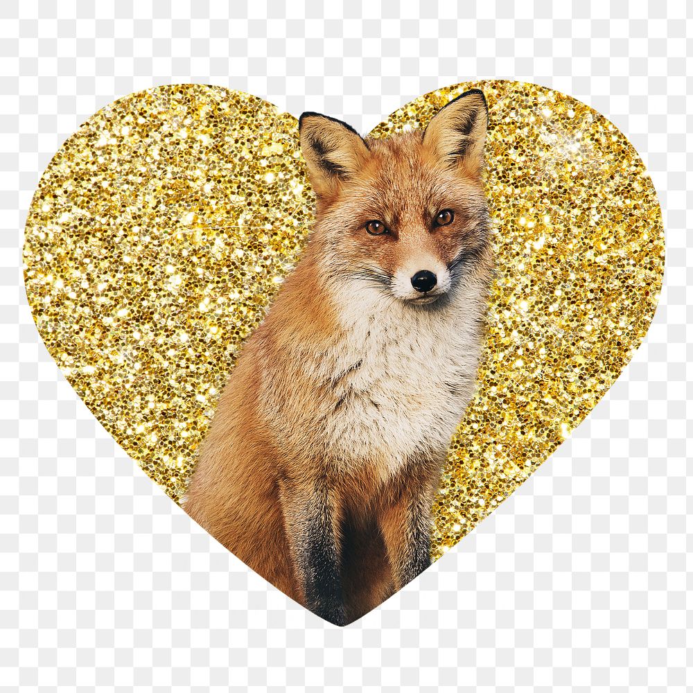 Fox png badge sticker, gold glitter heart shape, transparent background