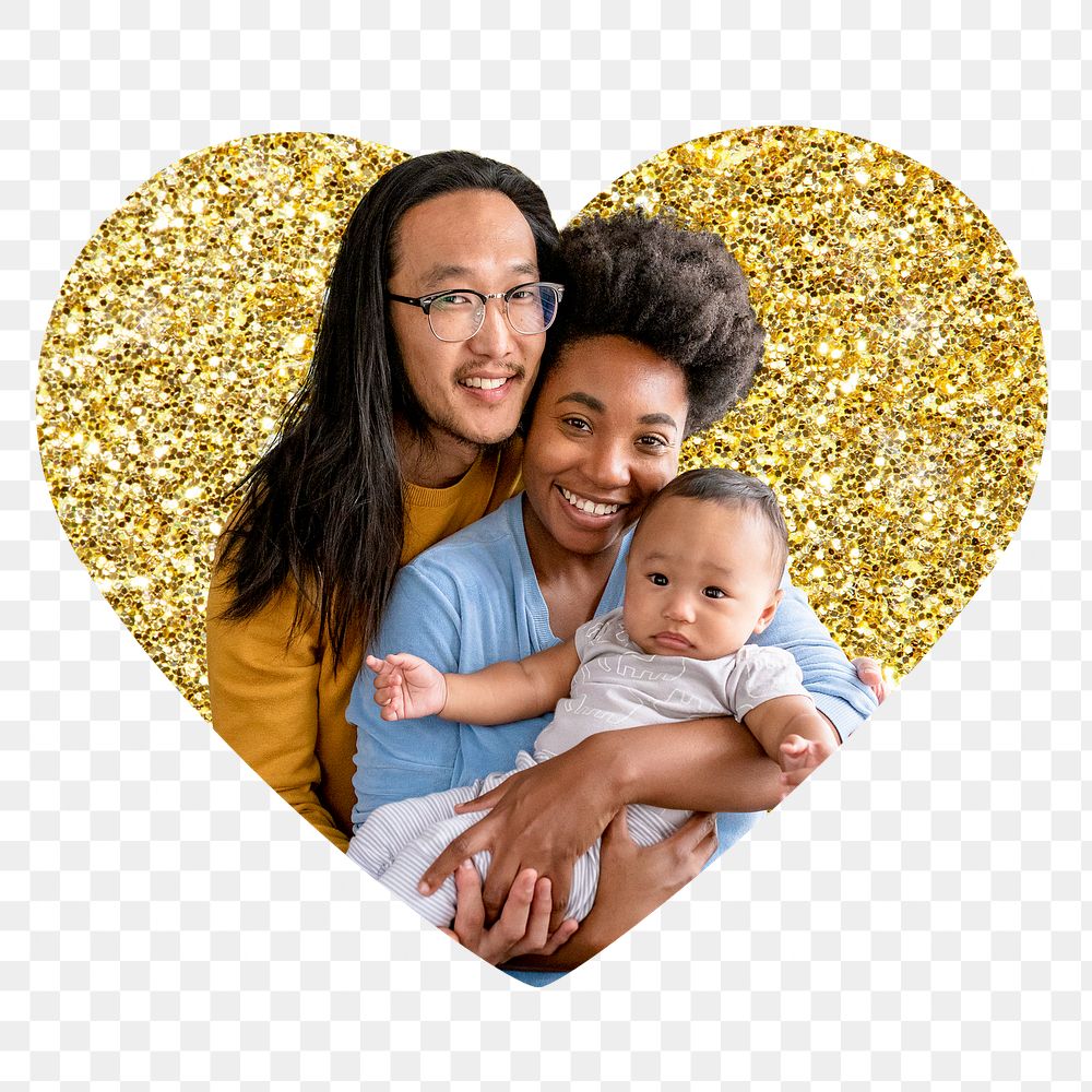 Cute family png badge sticker, gold glitter heart shape, transparent background