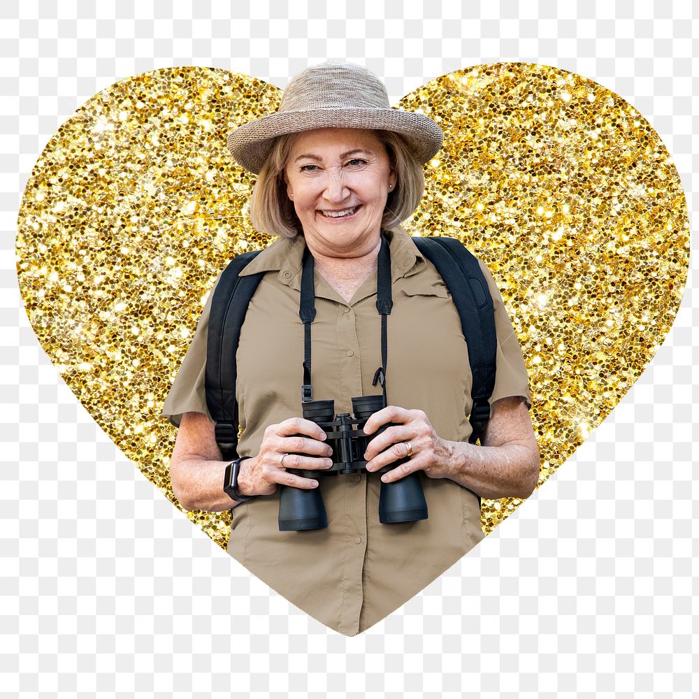 Woman adventurer png badge sticker, gold glitter heart shape, transparent background