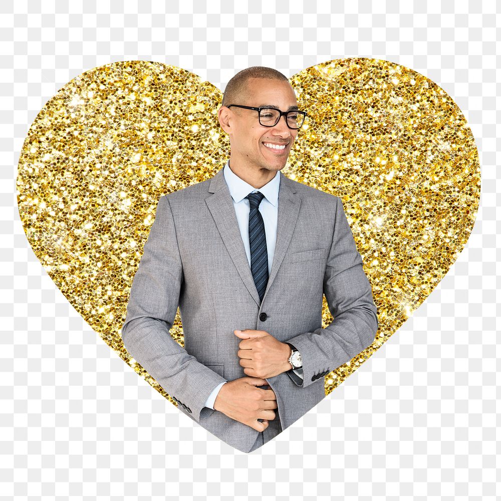 Confident businessman png badge sticker, gold glitter heart shape, transparent background